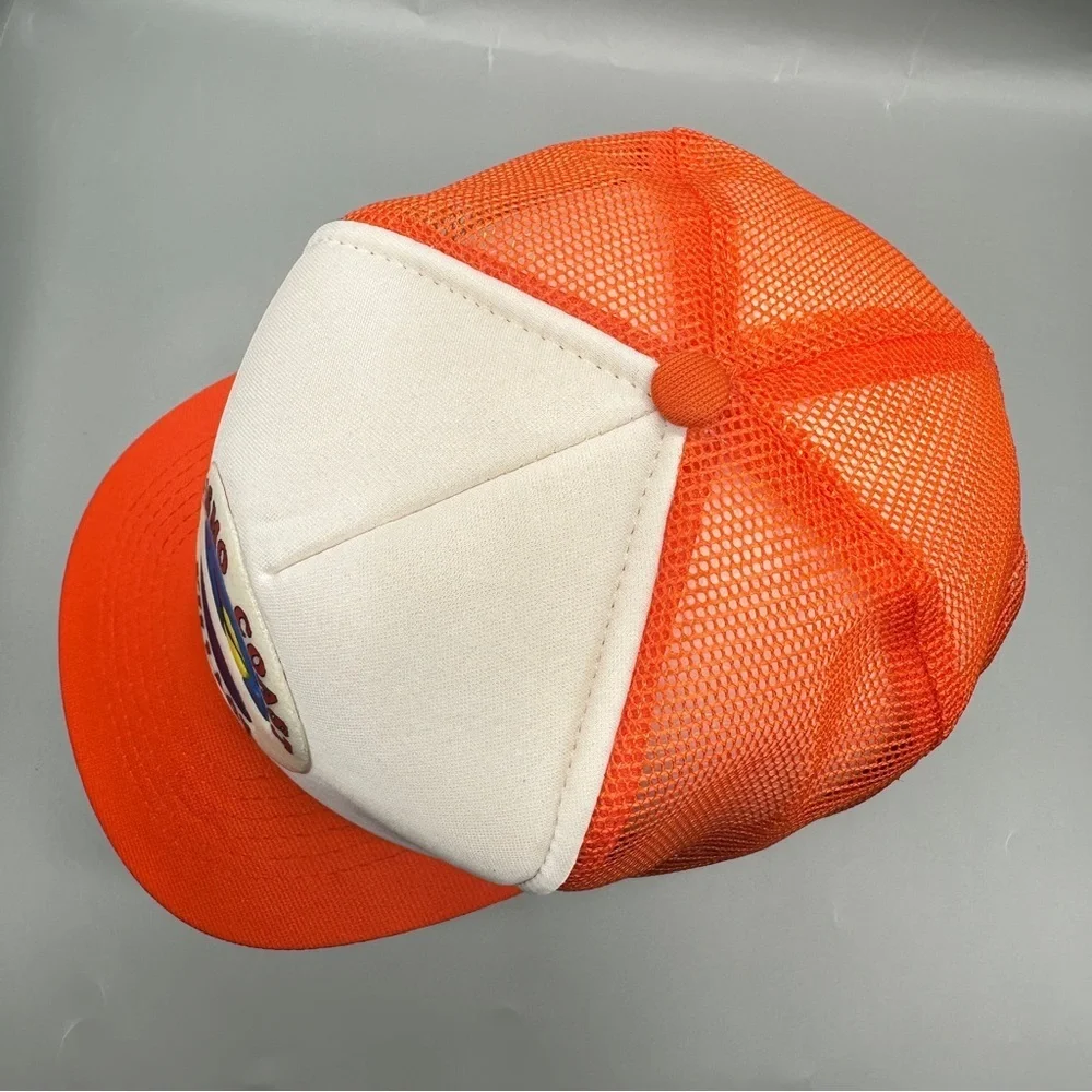 👉 Vintage Pismo Coast Village Trucker Hat – Orange & White Mesh Snapback – Cap